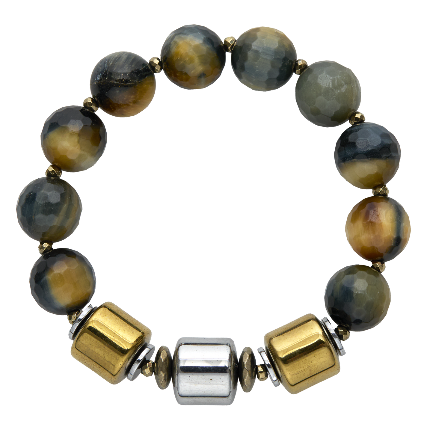 Bracelet with brown and gold beads on a white background