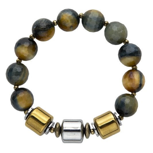 Bracelet with brown and gold beads on a white background