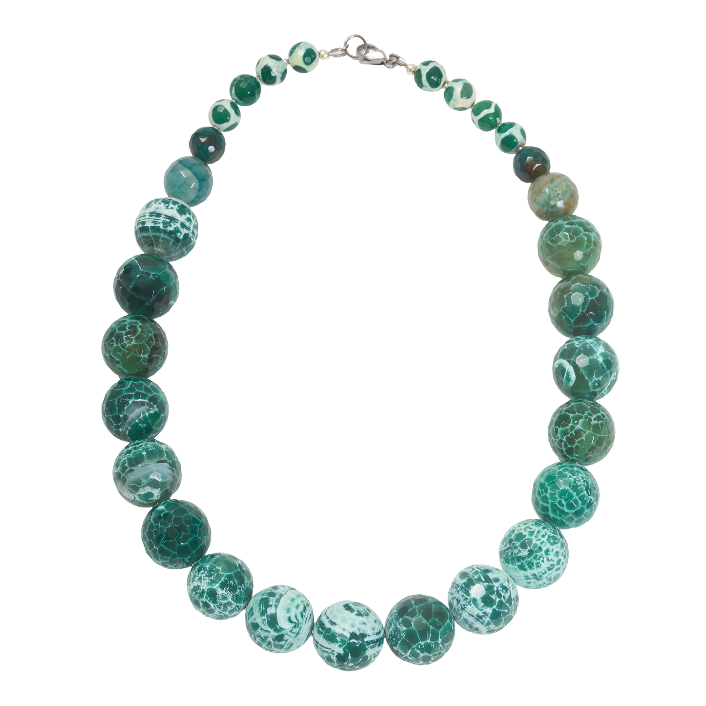 Necklace with green marbled beads on a white background