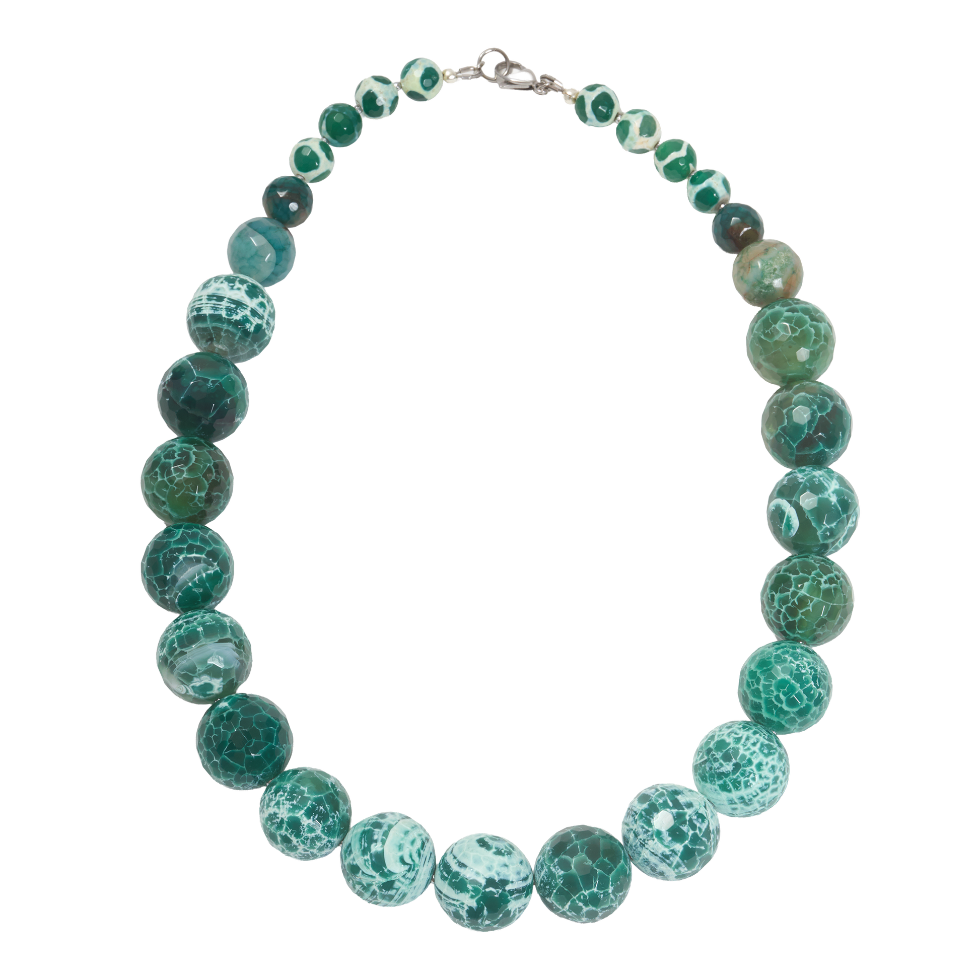 Necklace with green marbled beads on a white background