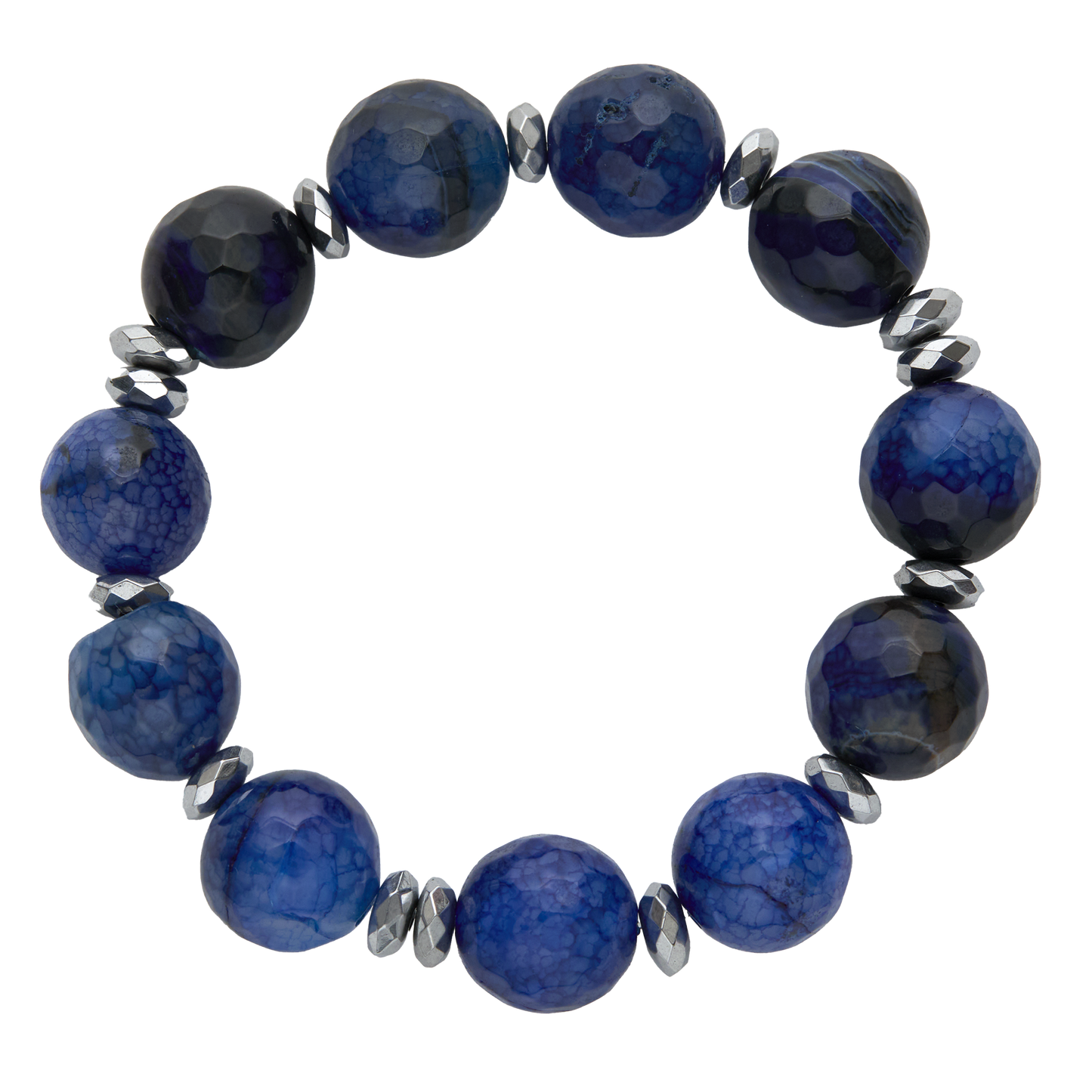Blue beaded bracelet with silver accents on a white background