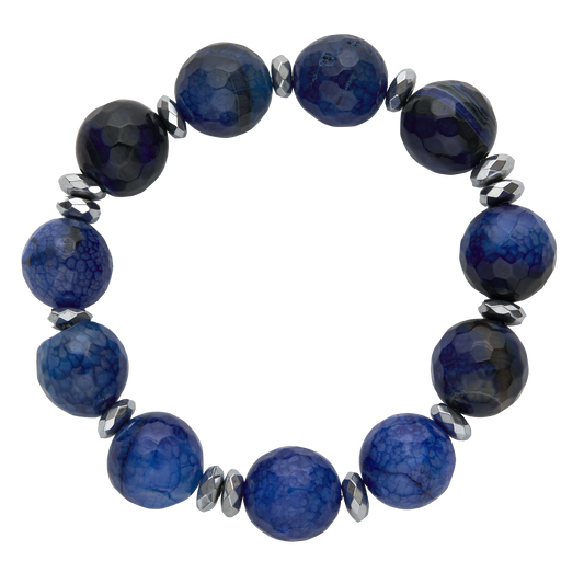 Blue beaded bracelet with silver accents on a white background