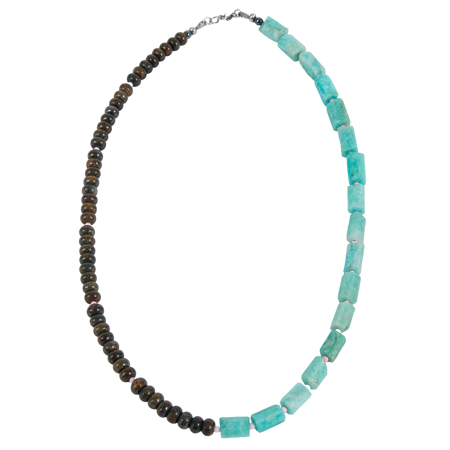Necklace with alternating brown and turquoise beads on a white background