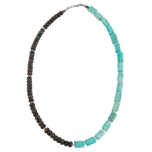 Necklace with alternating brown and turquoise beads on a white background