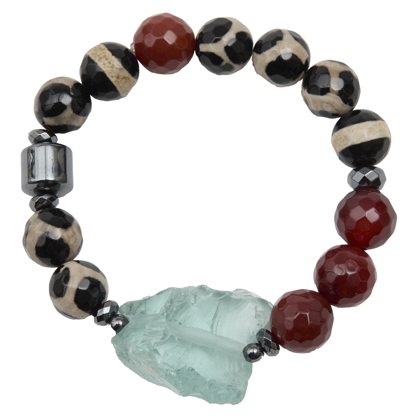 Beaded bracelet with red, black, and white beads and a large green stone on a white background