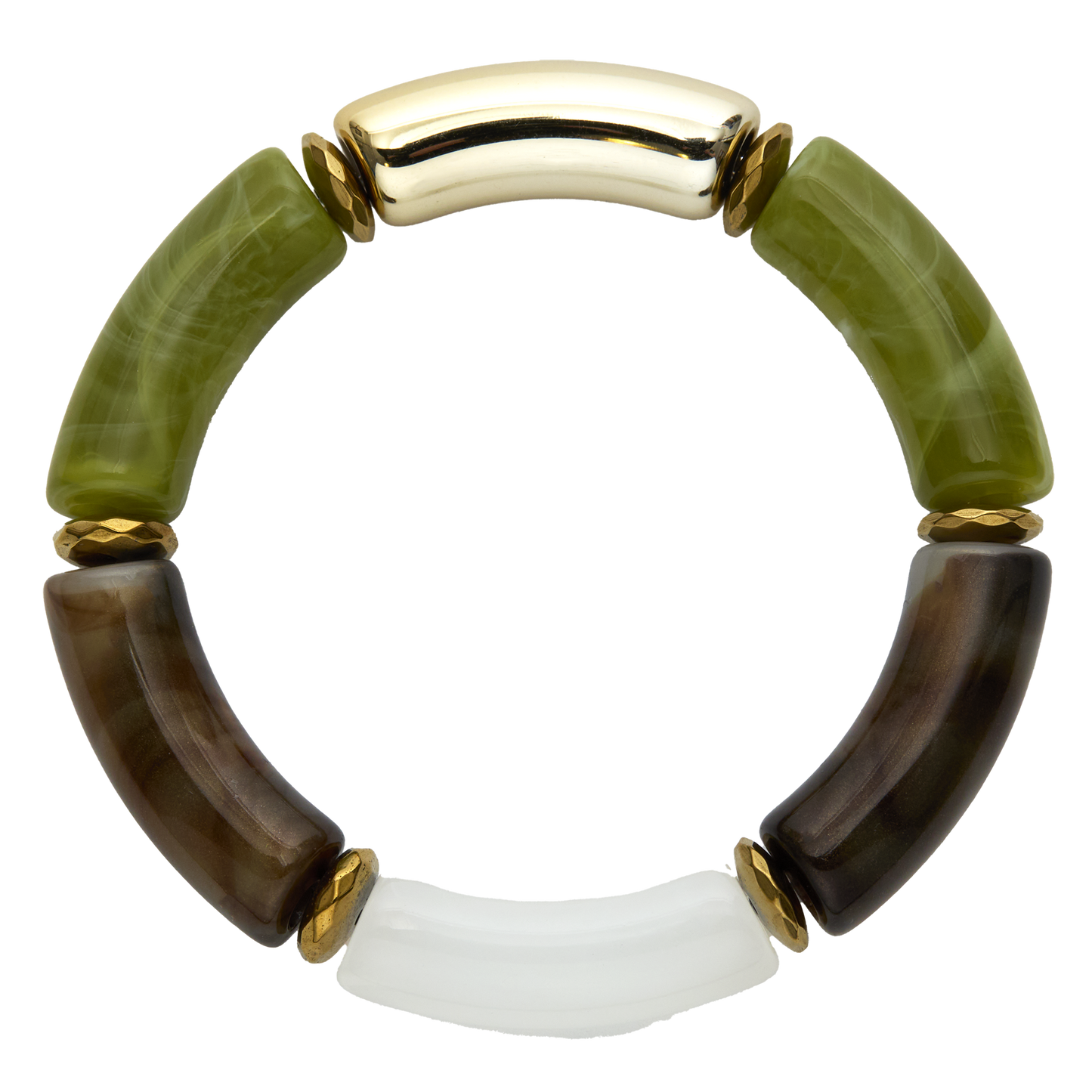 Multicolored bracelet with gold accents on a white background