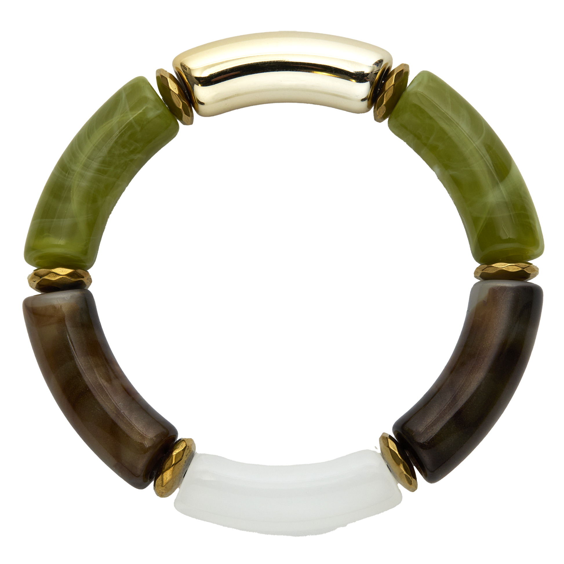 Multicolored bracelet with gold accents on a white background