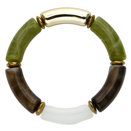 Multicolored bracelet with gold accents on a white background