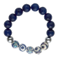 Navy blue beaded bracelet with silver and patterned beads on a white background