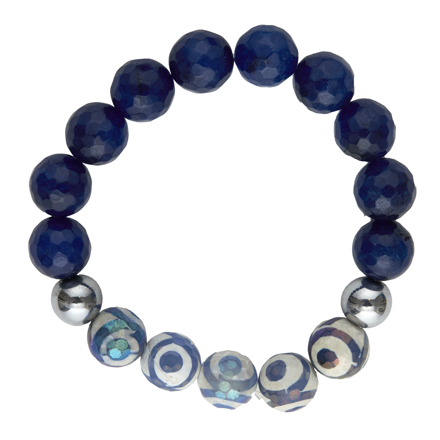 Navy blue beaded bracelet with silver and patterned beads on a white background