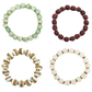 Four beaded bracelets in different colors on a white background