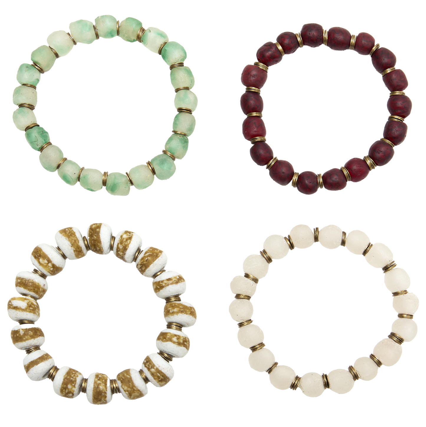 Four beaded bracelets in different colors on a white background