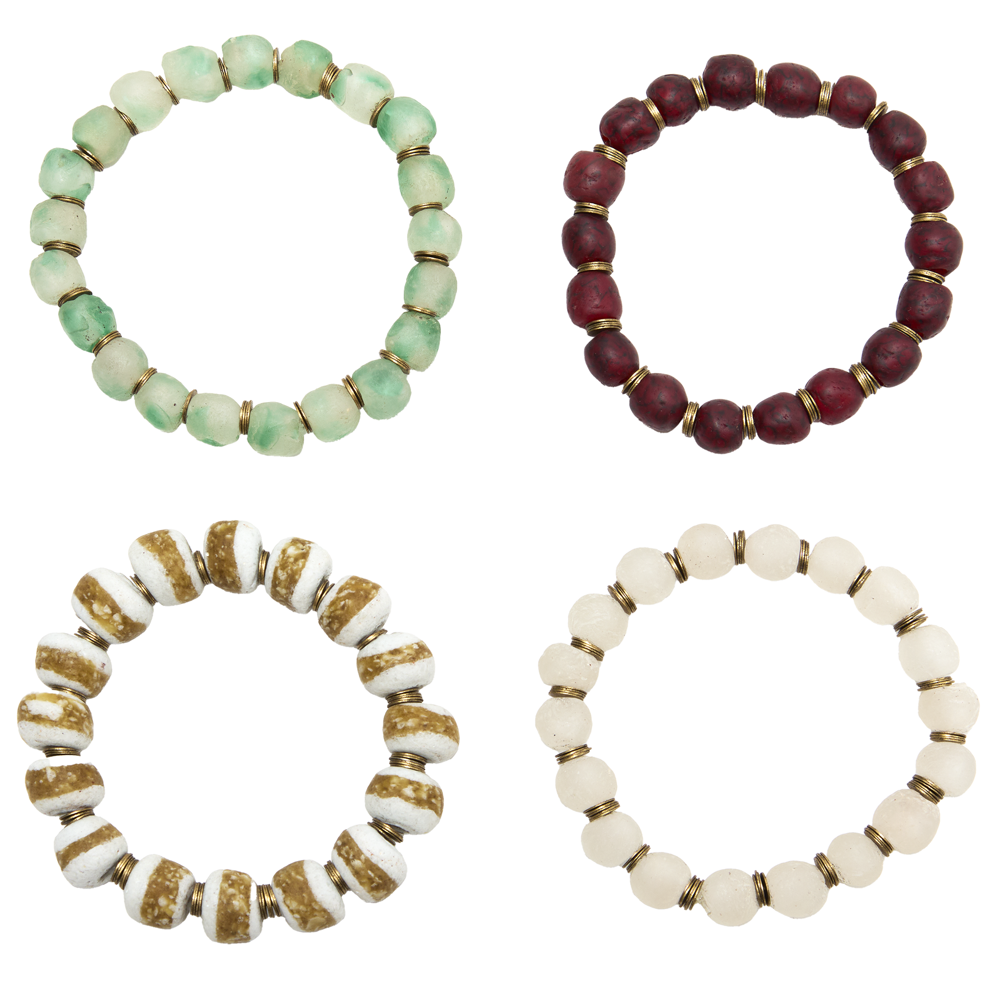 Four beaded bracelets in different colors on a white background