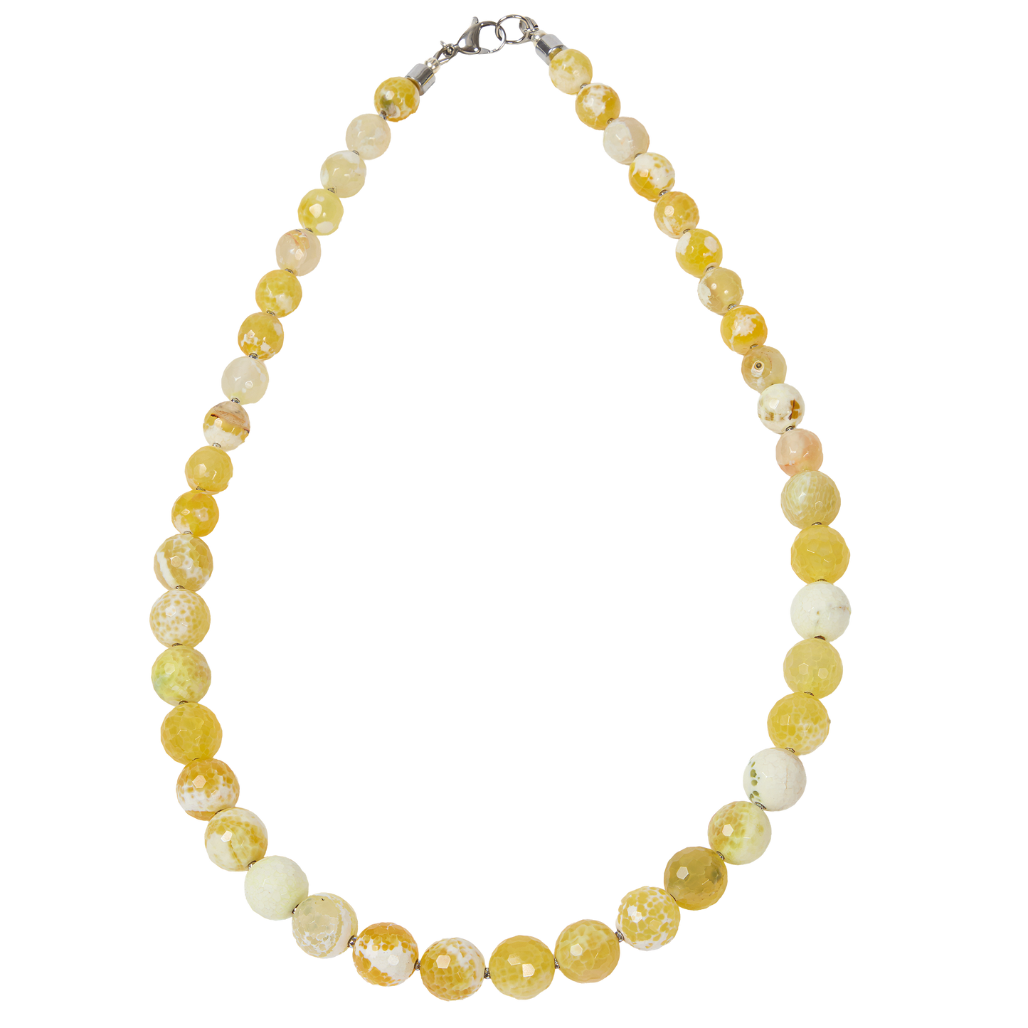 Necklace with yellow and white marbled beads on a white background