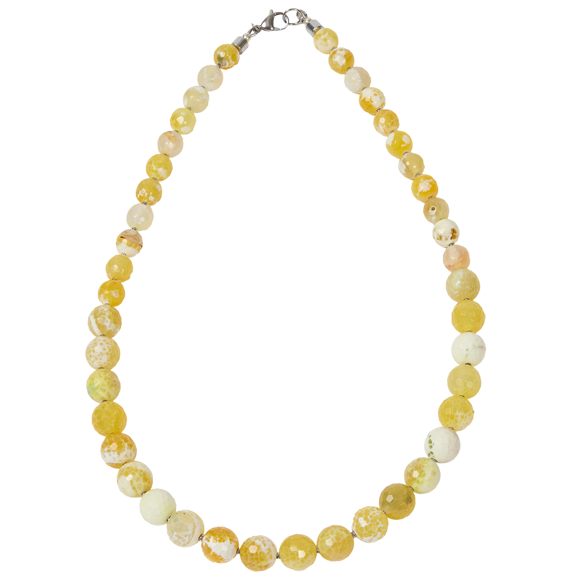 Necklace with yellow and white marbled beads on a white background