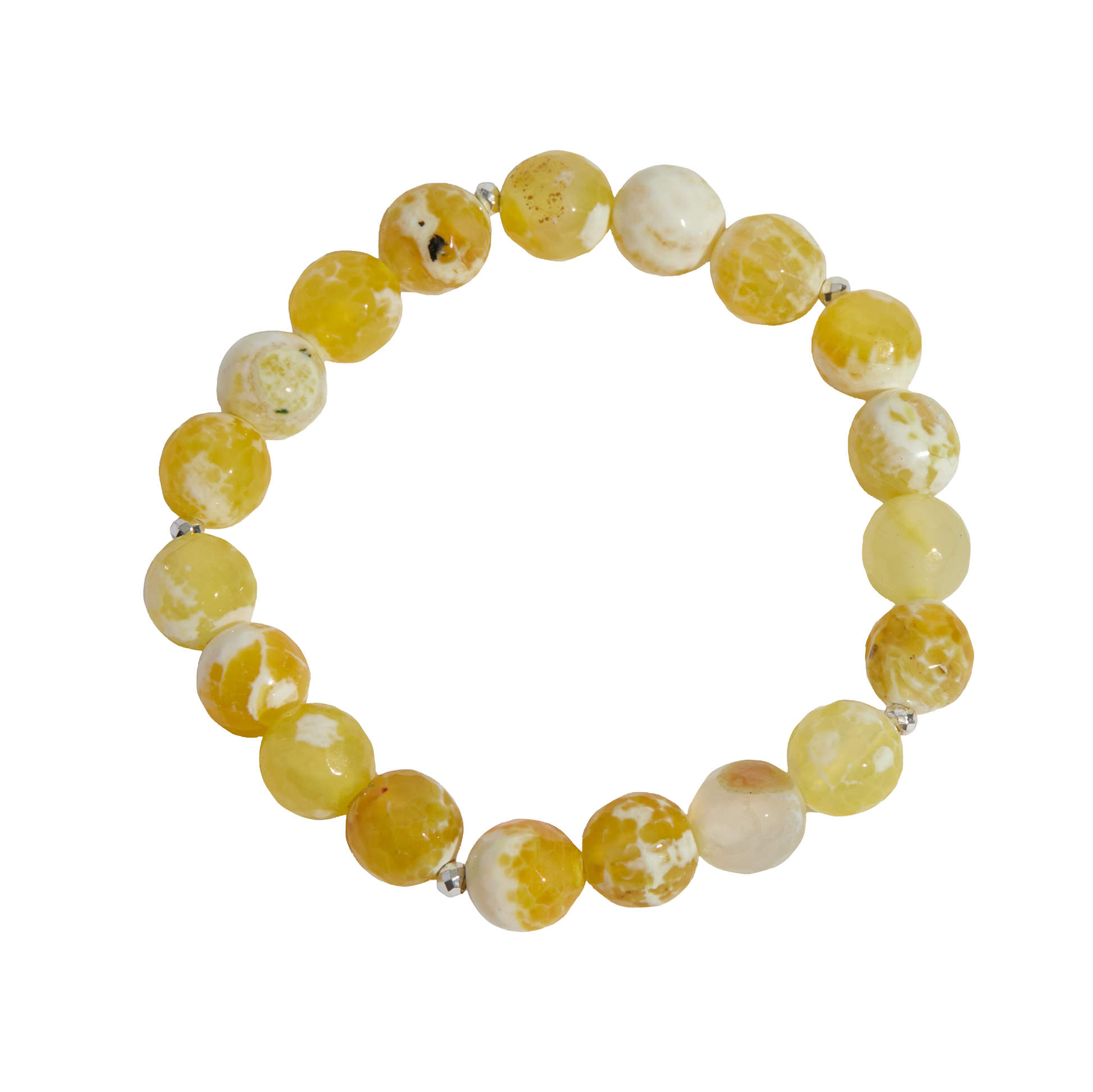 Yellow and white marbled bead bracelet on a white background
