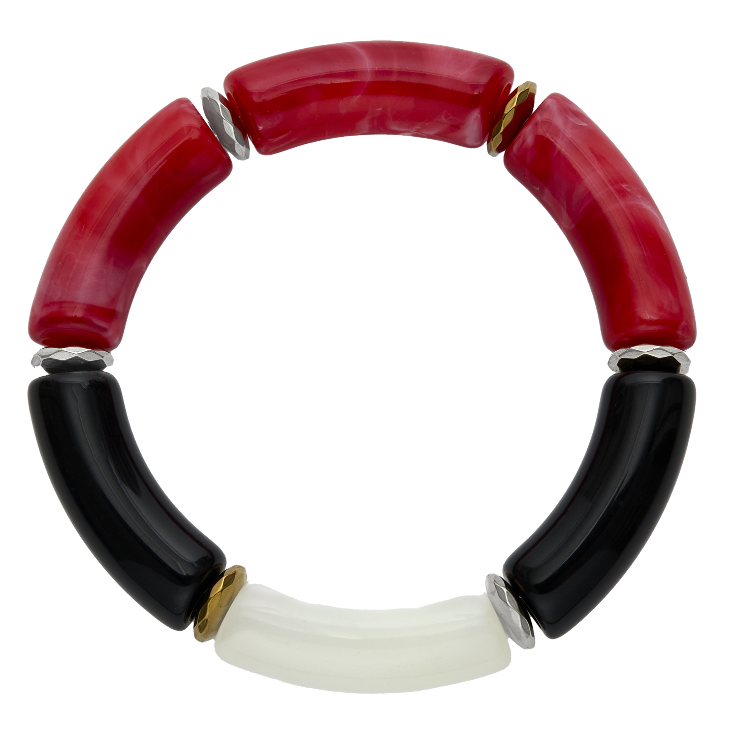 Bracelet with red, black, and white cylindrical beads on a white background