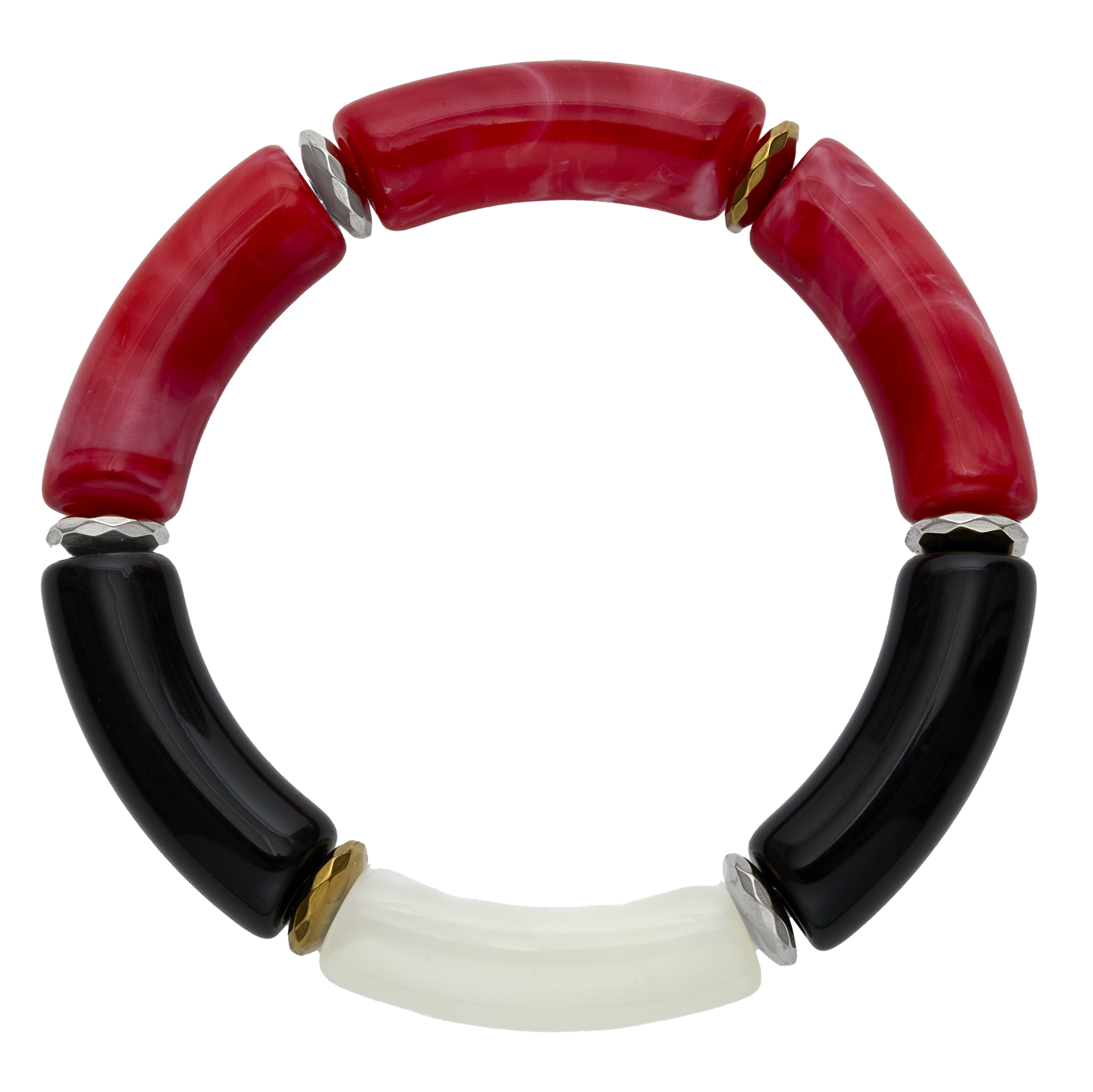 Bracelet with red, black, and white cylindrical beads on a white background