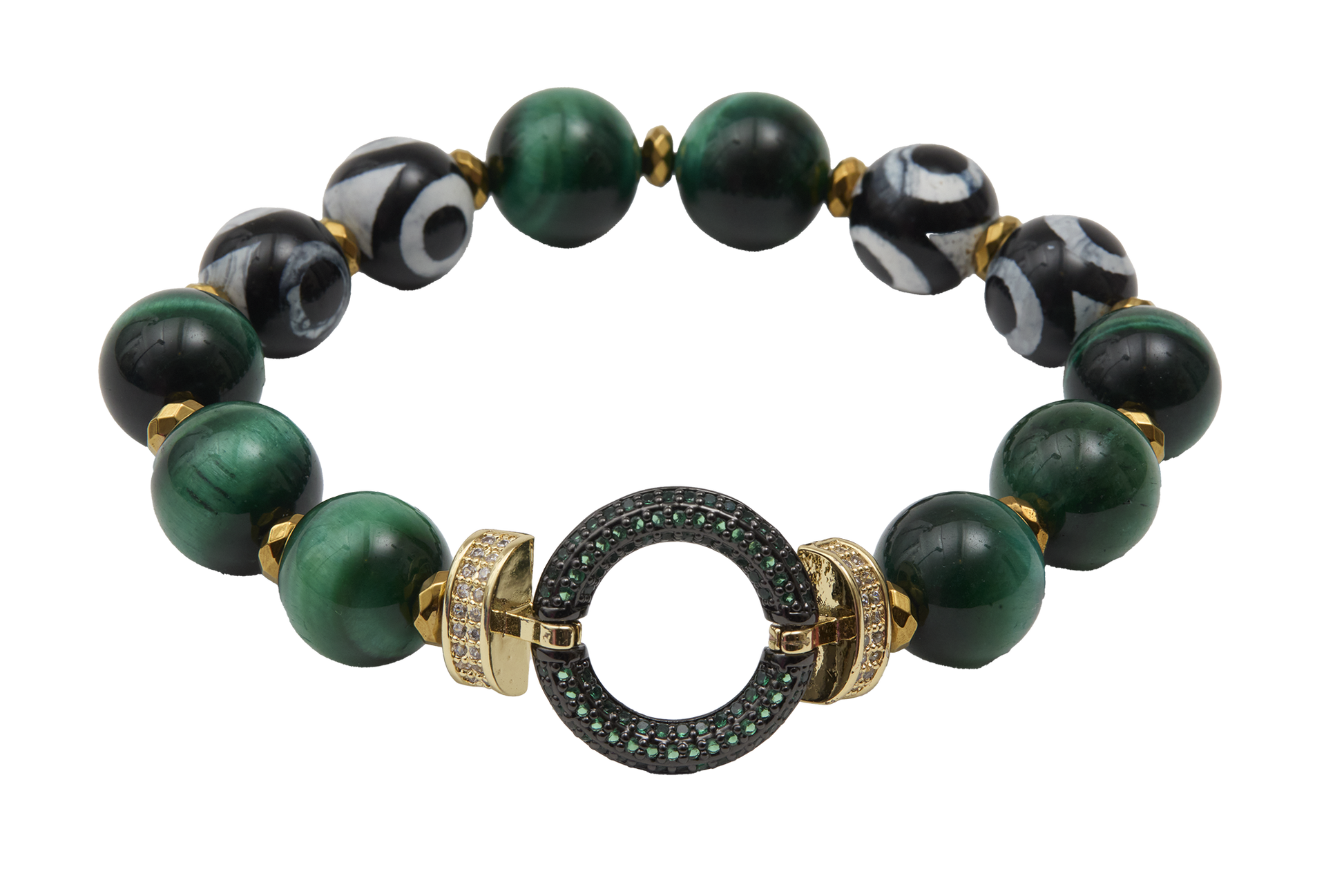 Green beaded bracelet with gold and black accents on a white background
