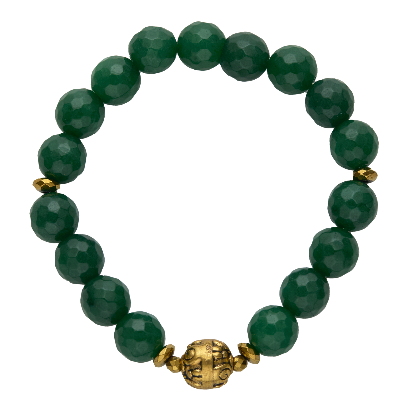 Green beaded bracelet with a gold clasp on a white background