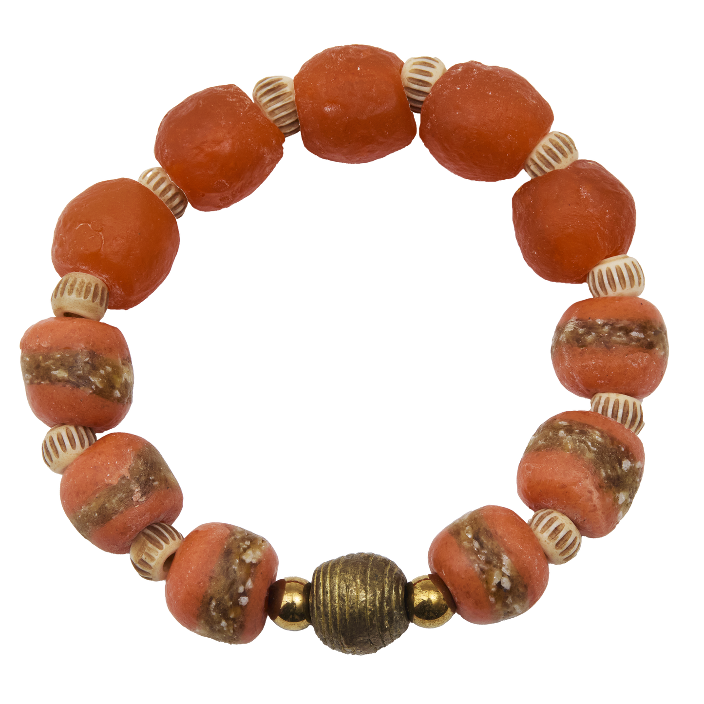 Bracelet with orange beads and gold accents on a white background
