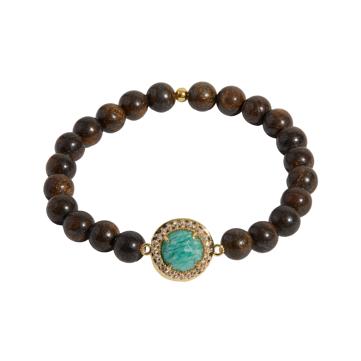Bracelet with brown beads and an amazonite stone centerpiece on a white background