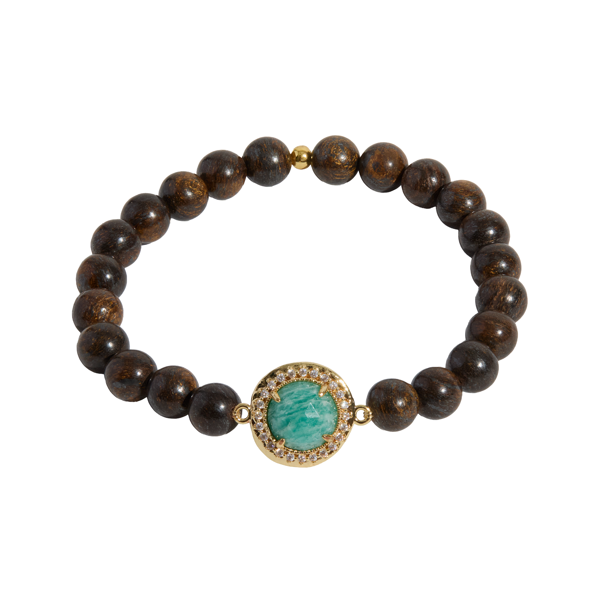 Bracelet with brown beads and an amazonite stone centerpiece on a white background