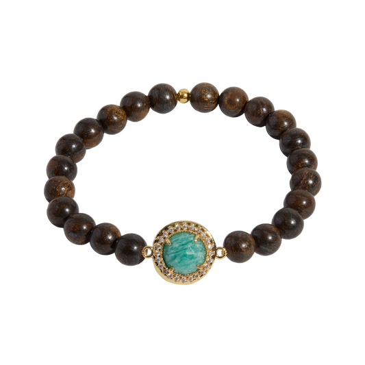 Bracelet with brown beads and an amazonite stone centerpiece on a white background