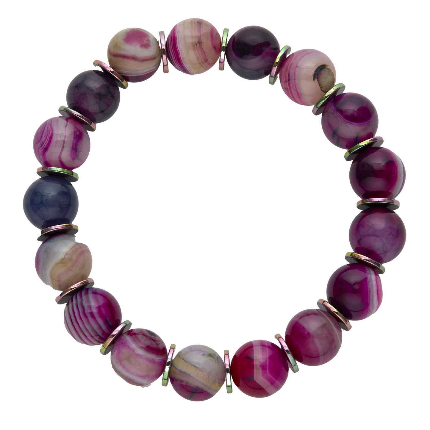 Beaded bracelet with purple and pink marbled beads on a white background