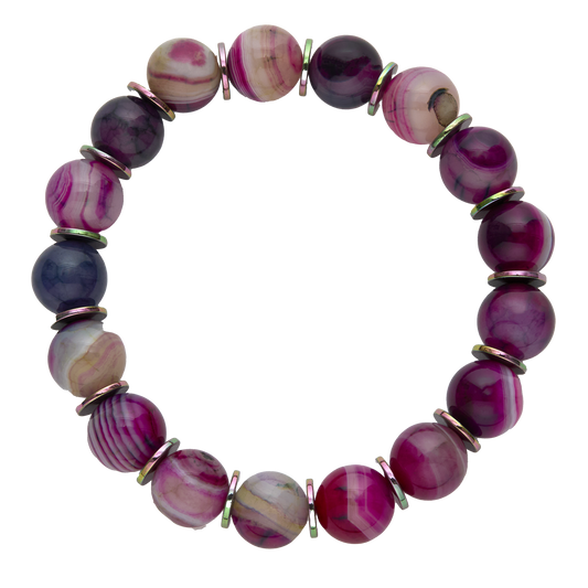 Beaded bracelet with purple and pink marbled beads on a white background