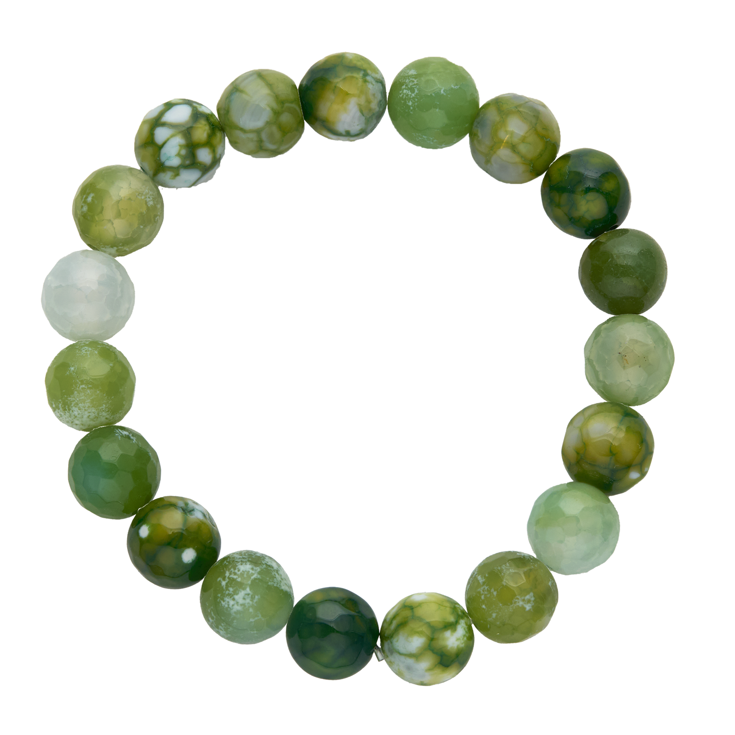 Green and white beaded bracelet on a white background