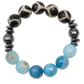 Bracelet with black and white patterned beads, blue beads, and gray beads on a white background