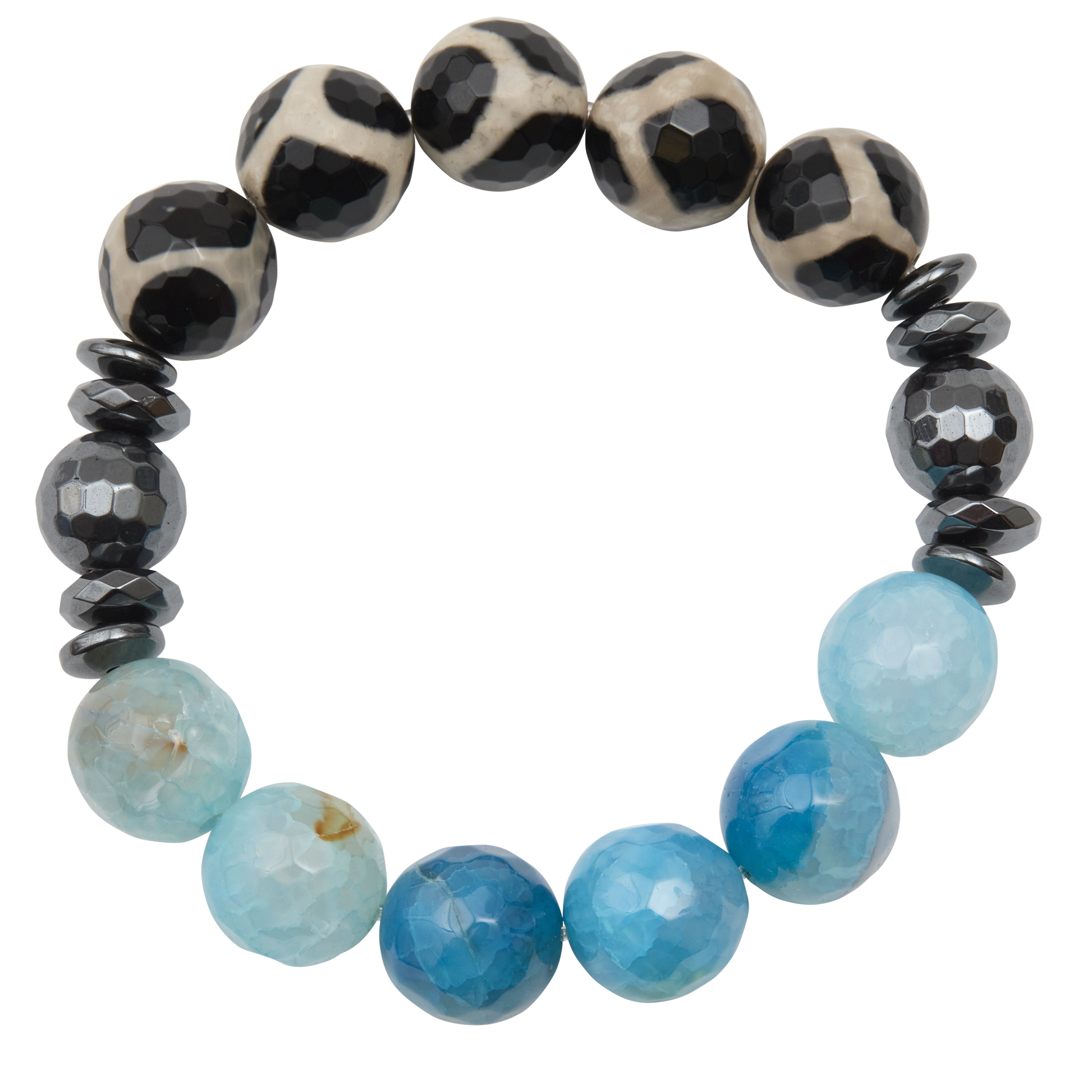 Bracelet with black and white patterned beads, blue beads, and gray beads on a white background