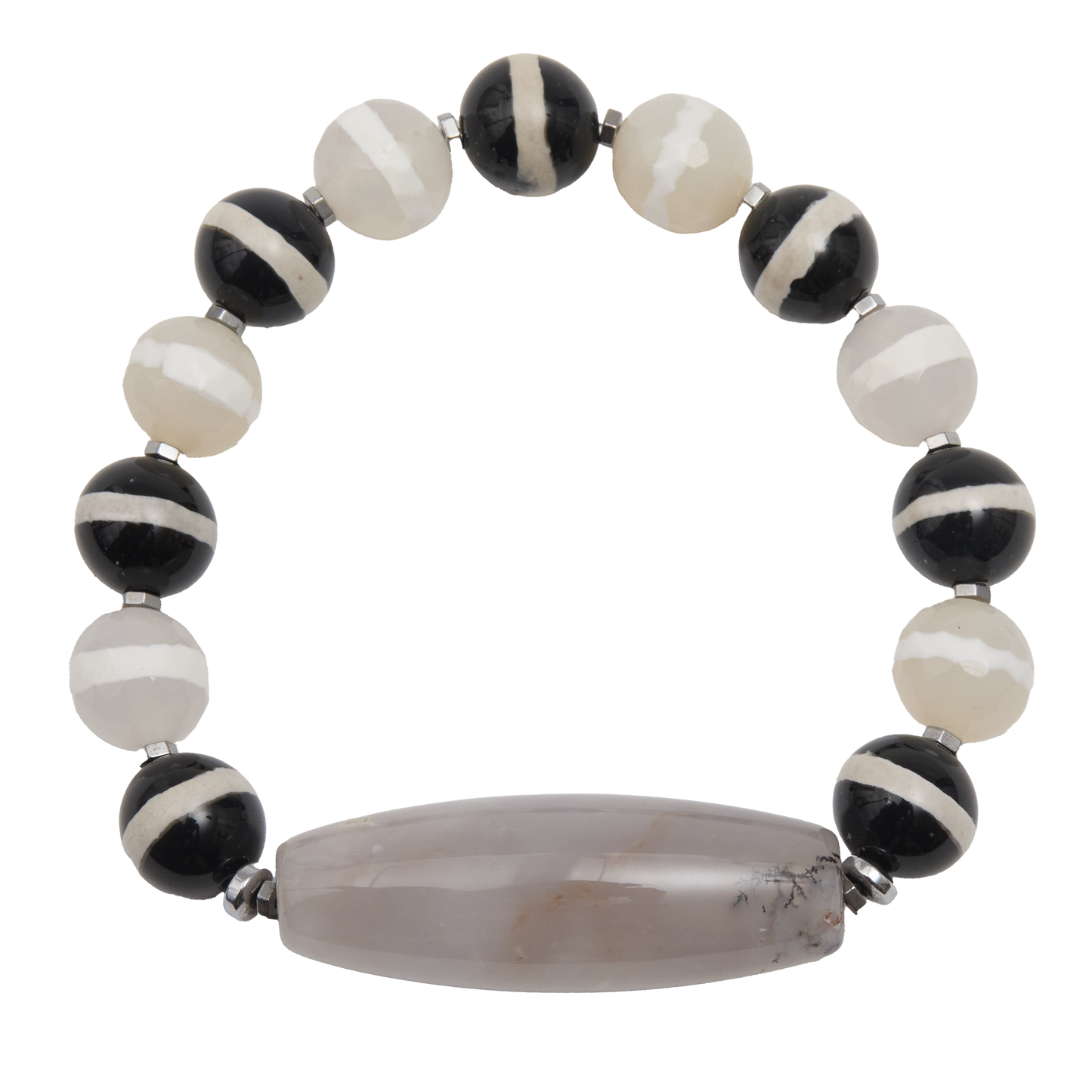 Bracelet with black, white, and gray beads on a white background