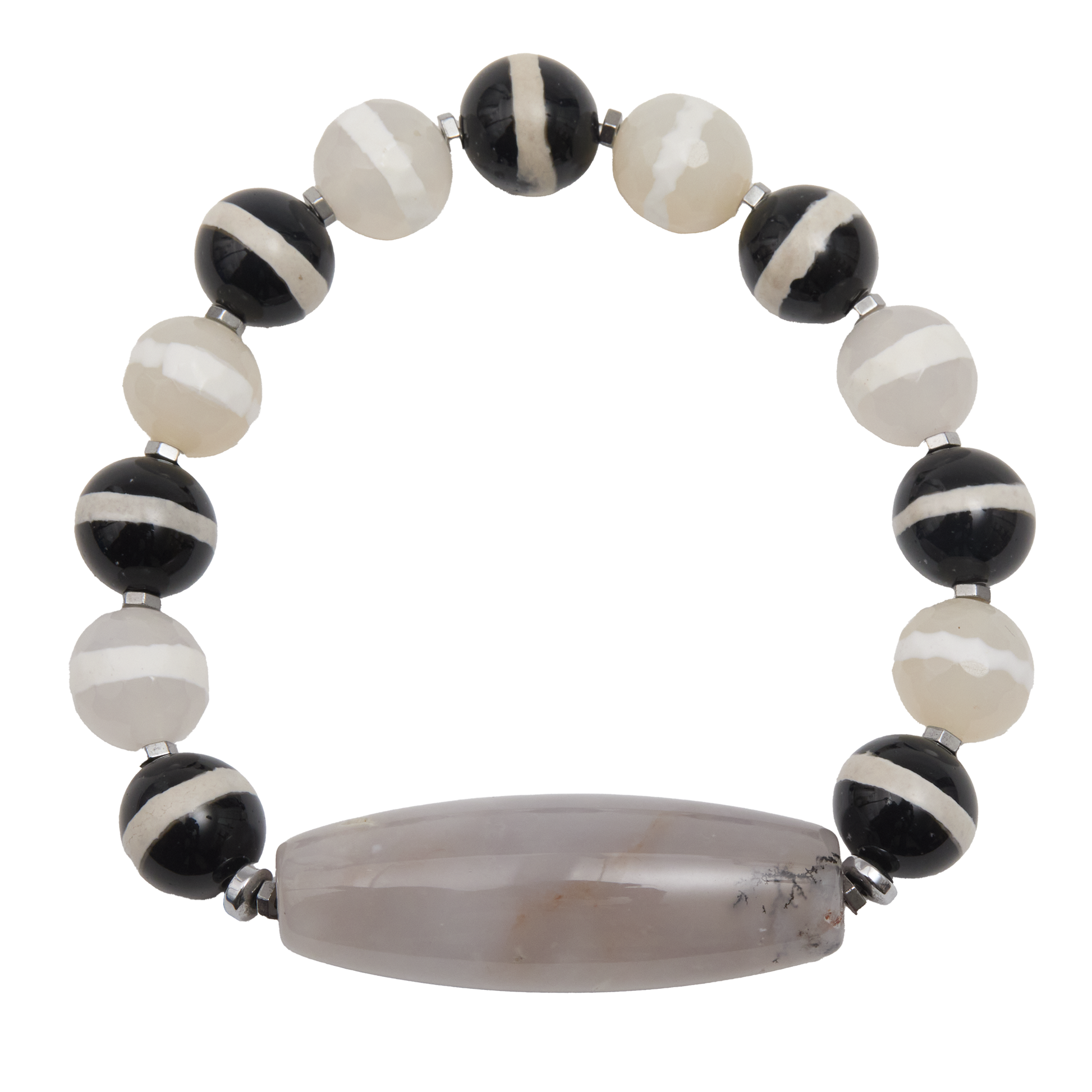 Bracelet with black, white, and gray beads on a white background