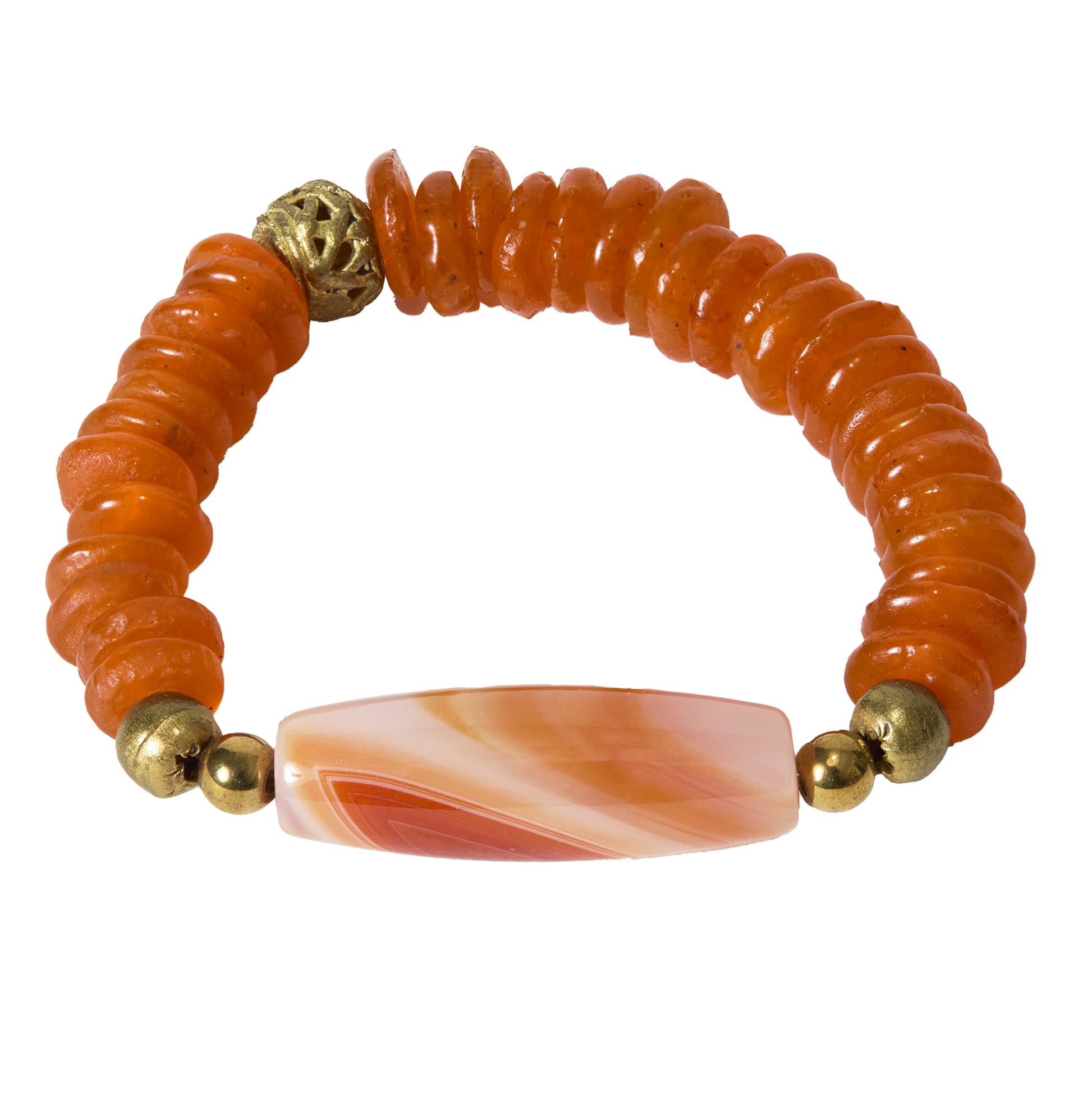 Bracelet with orange beads and an orange and white stone on a white background