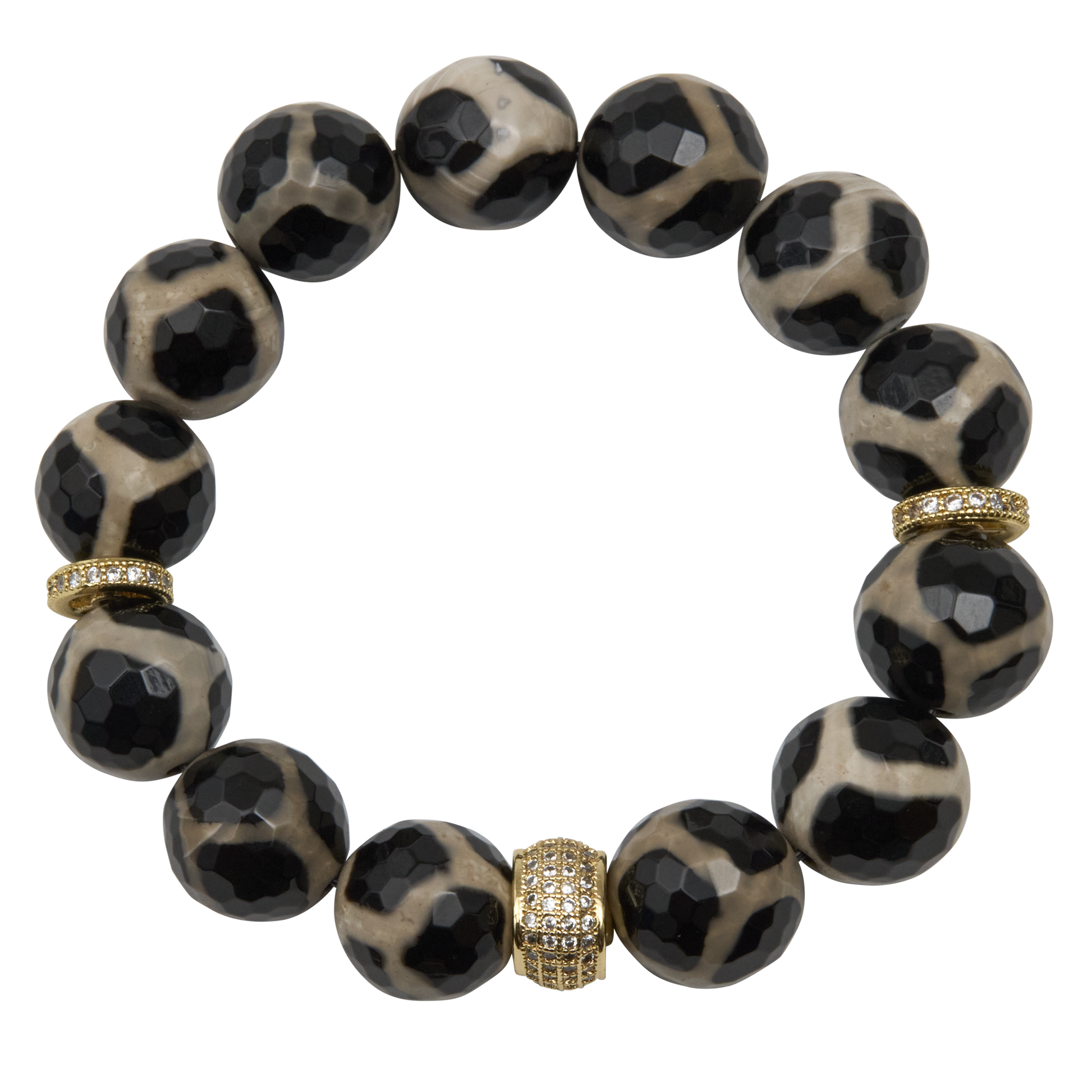 Leopard print beaded bracelet with gold accents on a white background
