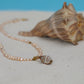 Shell necklace with a shell pendant on a sandy surface with a blue background