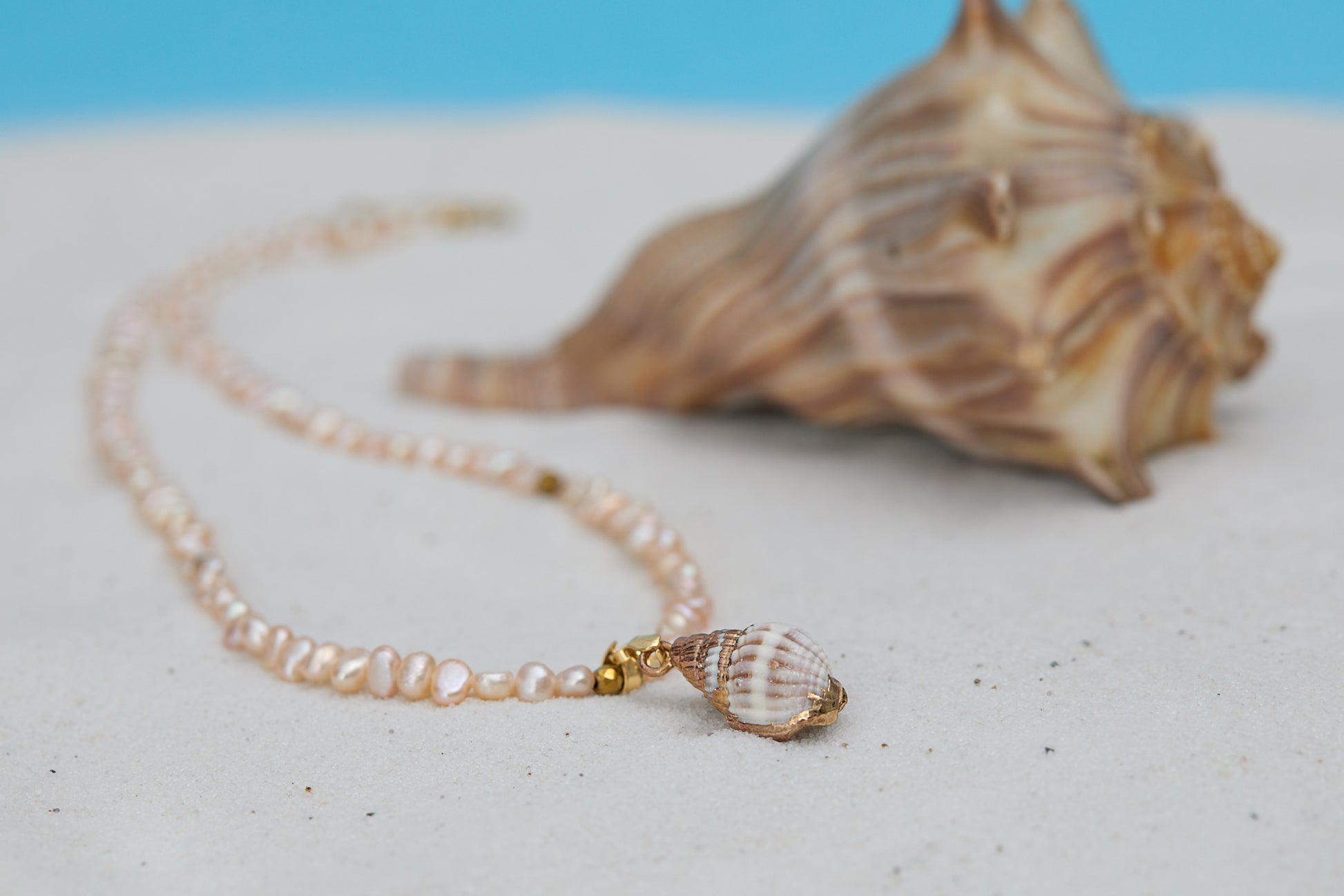 Pearl necklace with a shell pendant on a sandy surface with a shell in the background