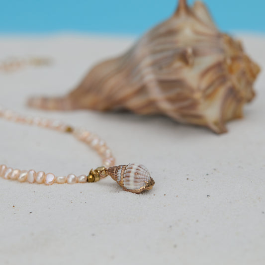 Necklace with shell pendant on a sandy surface with a shell in the background