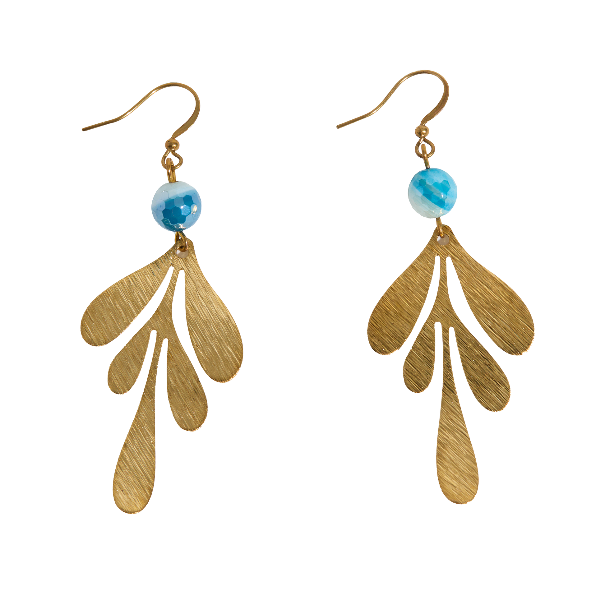Brass leaf-shaped earrings with blue beads on a white background