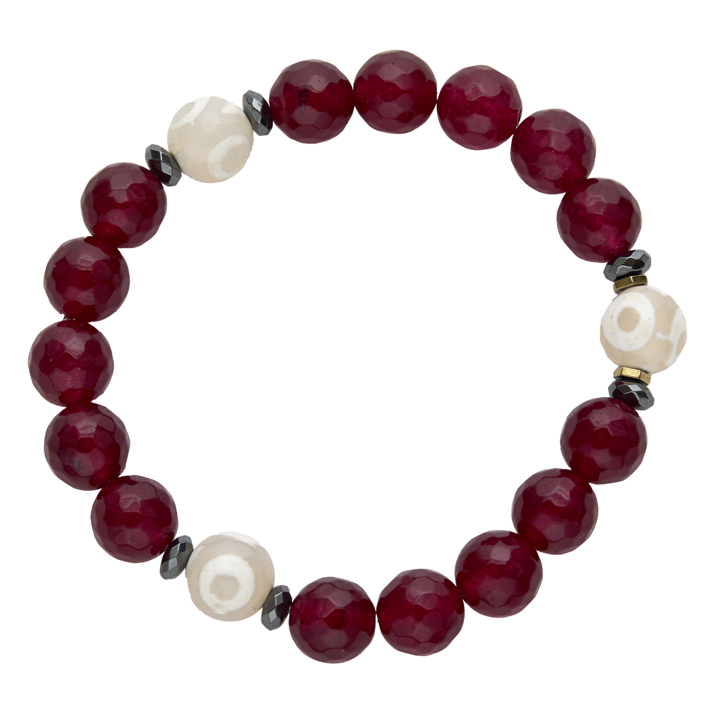 Beaded bracelet with red, white, and black beads on a white background