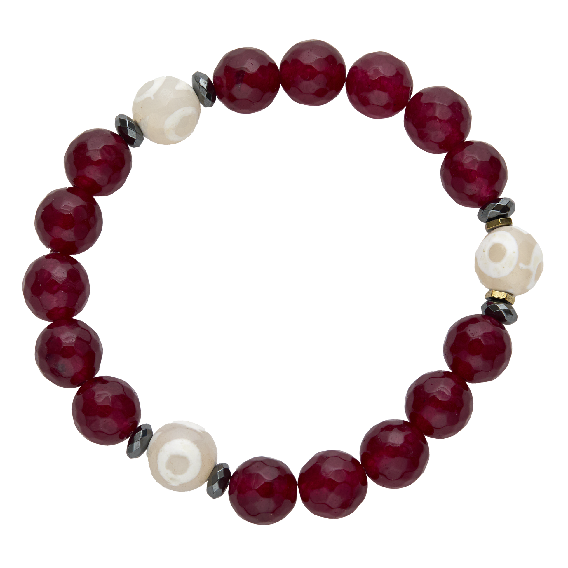Beaded bracelet with red, white, and black beads on a white background