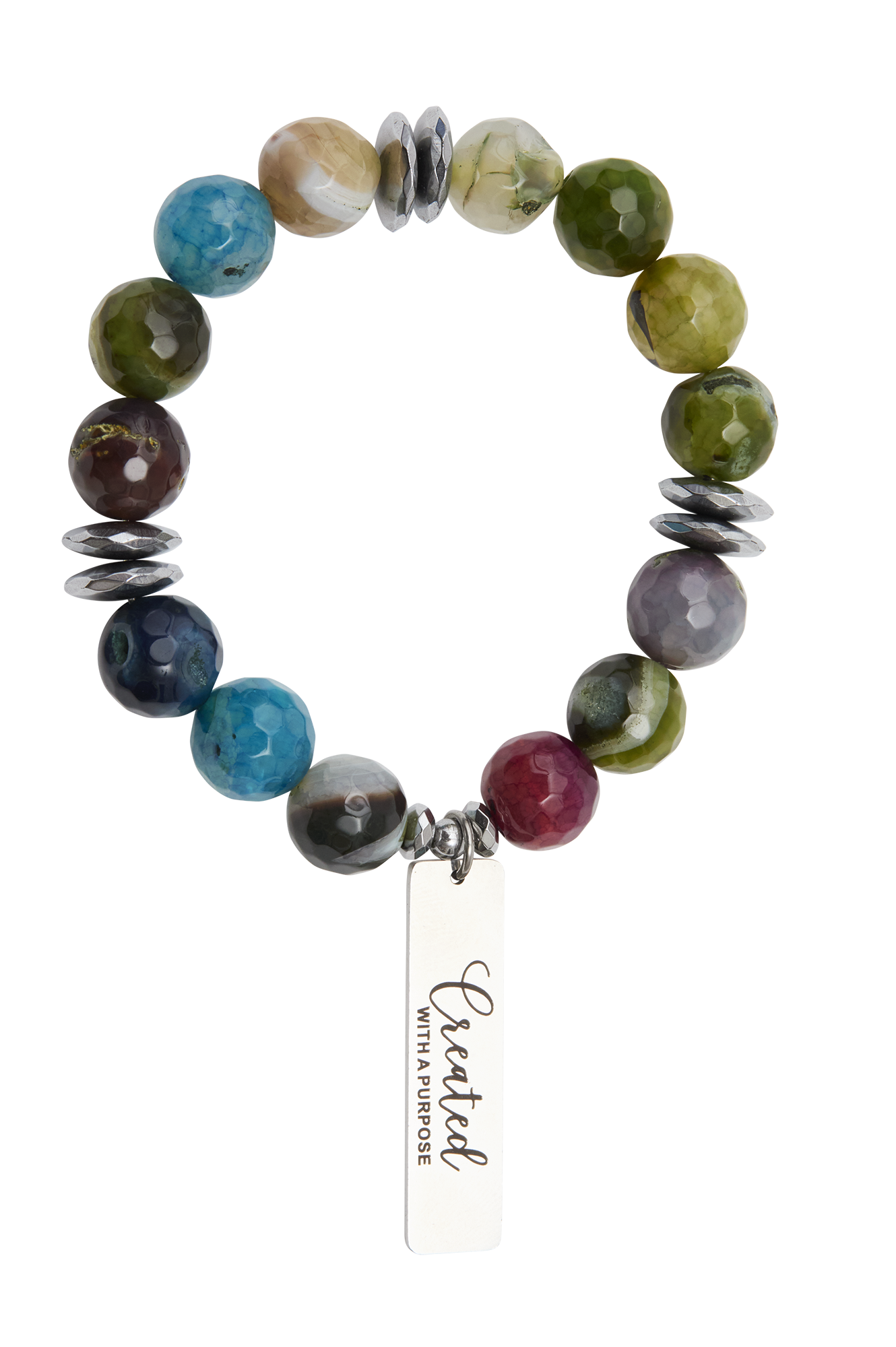 Multicolored beaded bracelet with a tag on a white background
