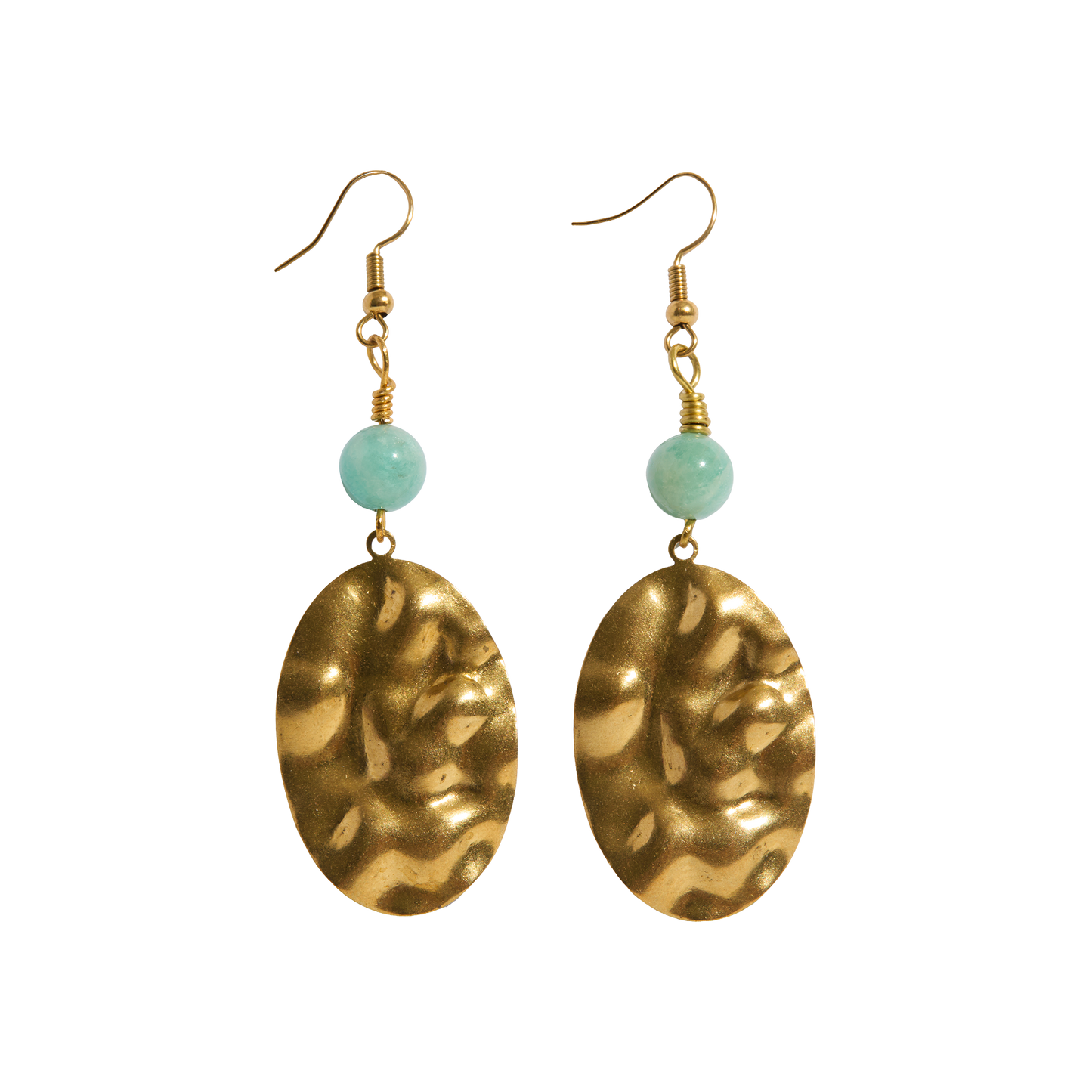 Brass earrings with amazonite beads on a white background