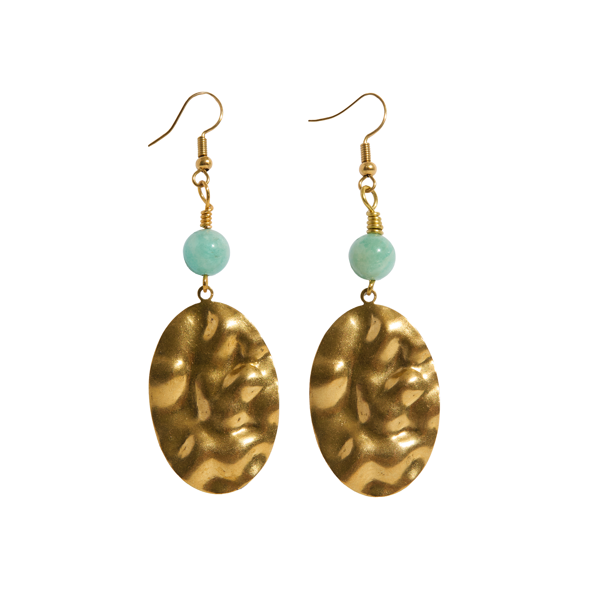 Brass earrings with amazonite beads on a white background