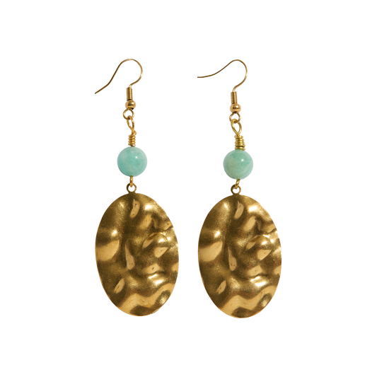 Brass earrings with amazonite beads on a white background