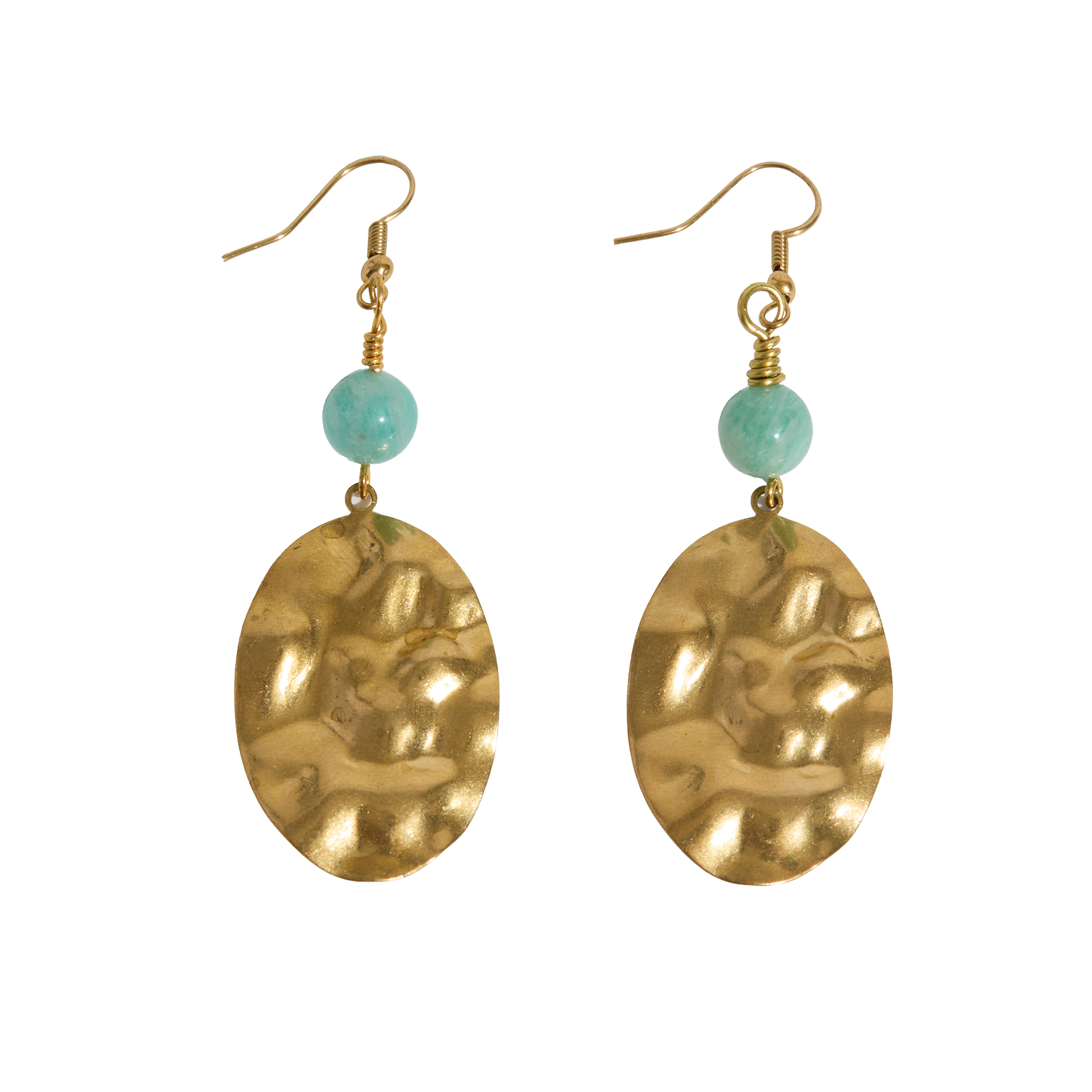Brass earrings with amazonite beads on a white background
