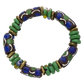 Colorful beaded bracelet with a mix of green, blue, and gold beads on a white background
