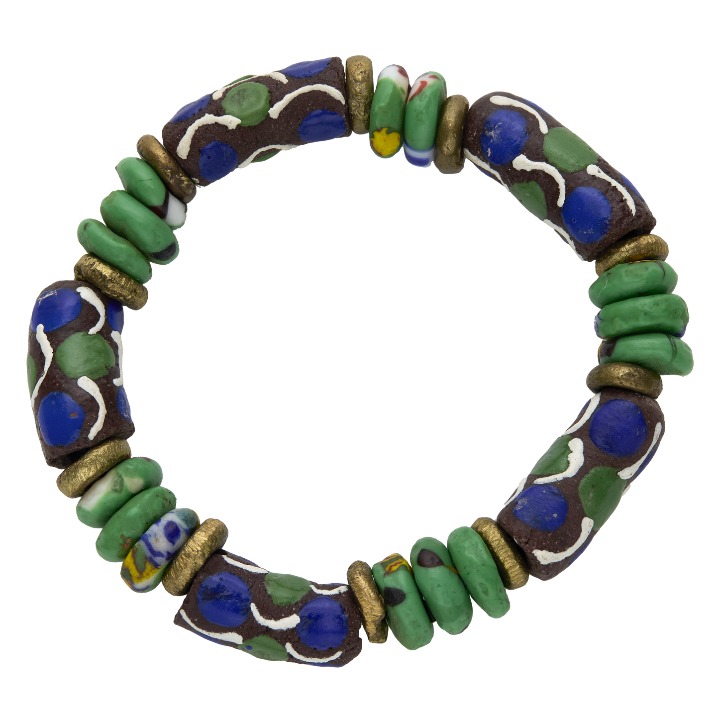 Colorful beaded bracelet with a mix of green, blue, and gold beads on a white background